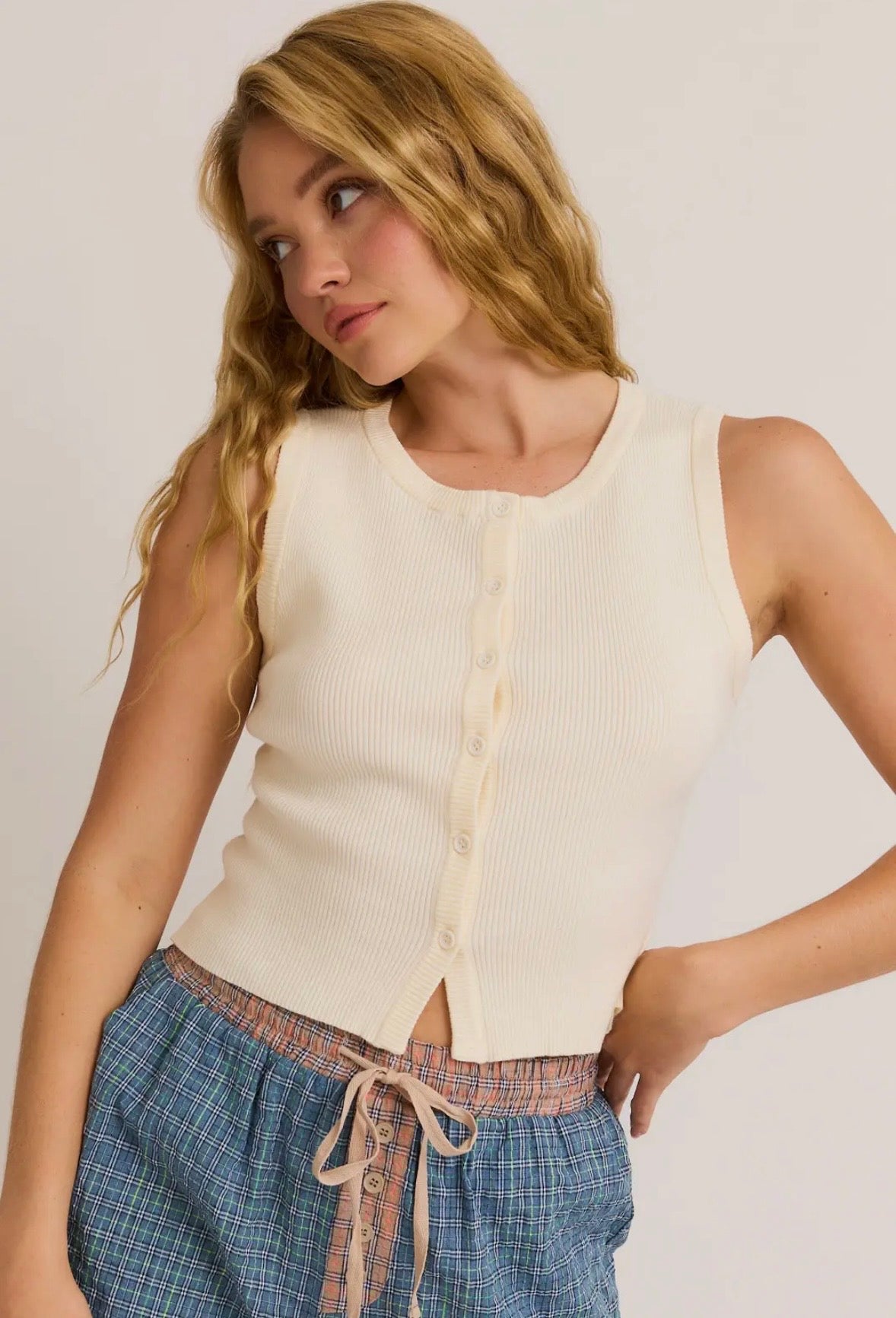 Ivory Ribbed Button Tank